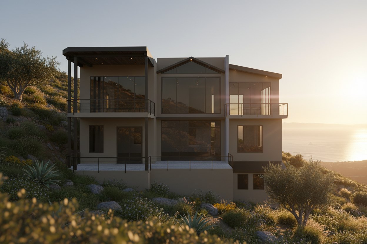 Exterior visualization of a hillside home with multi-level deck railings