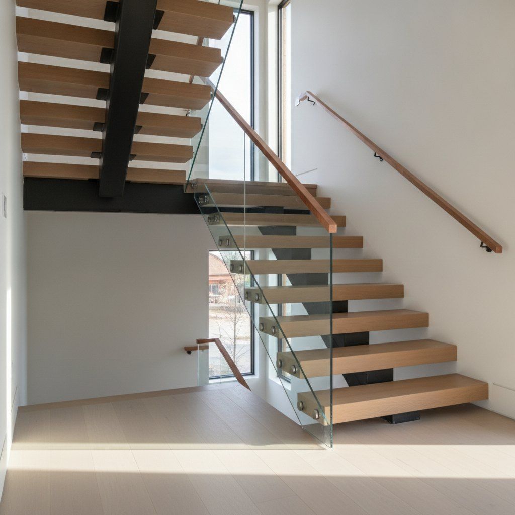 Floating staircase in a Park City home with white oak treads, black steel stringer and frameless glass guardrail