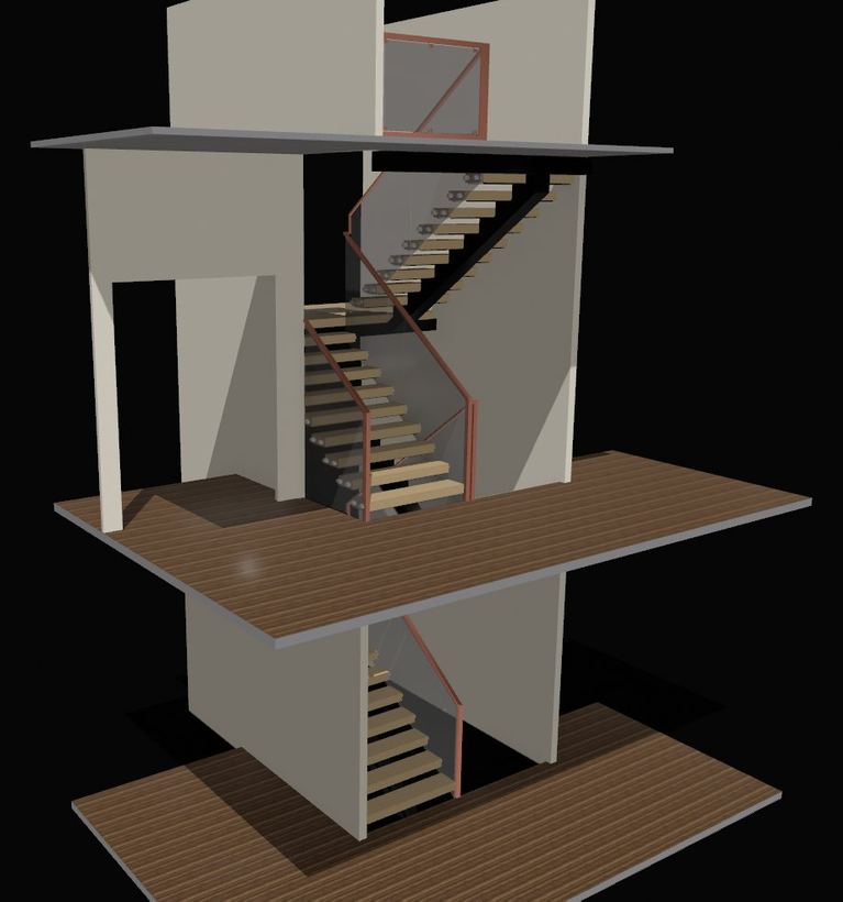 Sectioned 3D model showing the staircase connecting basement, main and upper floors